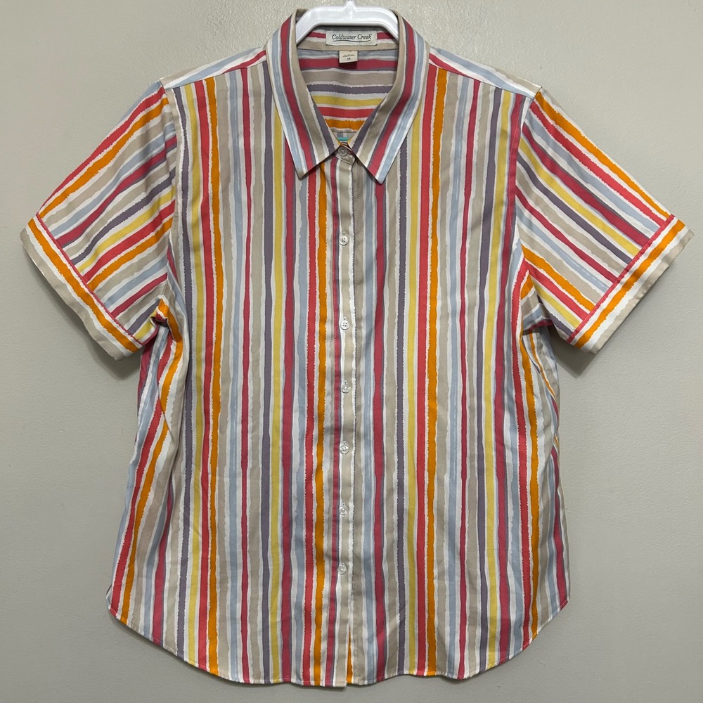 Coldwater Creek Striped Short Sleeve Button-Up in Coral, Mustard & Gray